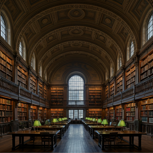 Majestic law library with high ceilings and rows of books